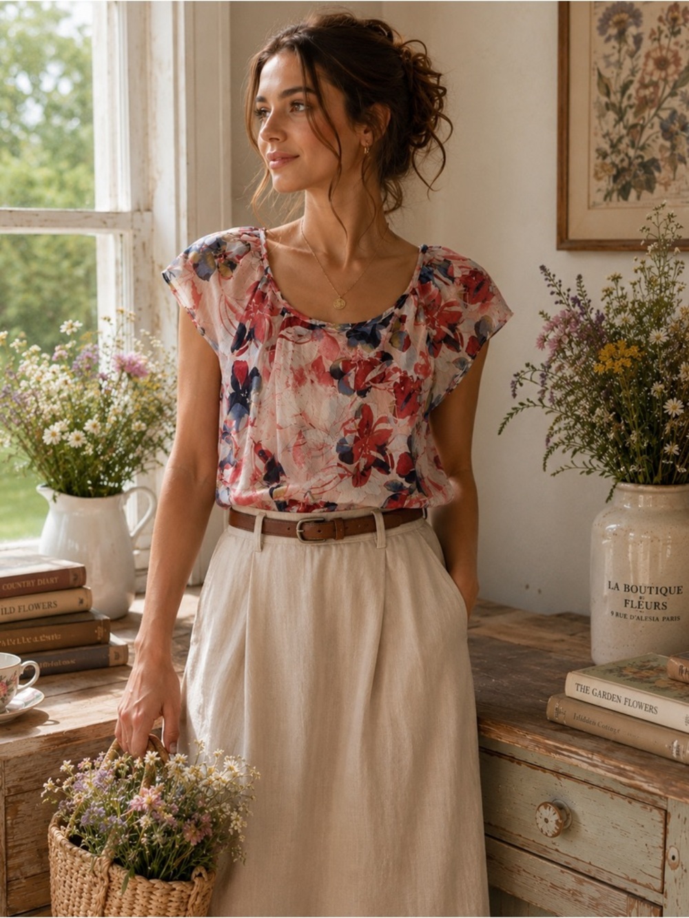 Tamara Scoop-Neck Floral Cap-Sleeve Blouse